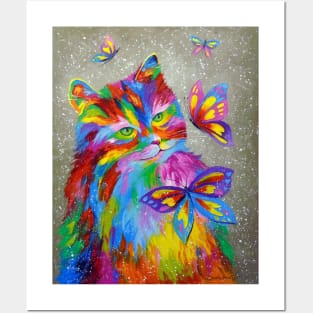 The rainbow cat and butterflies Posters and Art